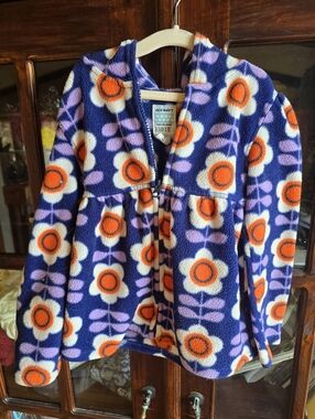 Girls Navy Floral Fleece Hoodie Jacket - Orange & Lavender Flowers
